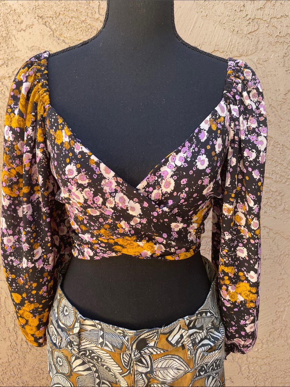 Floral Wrap Deep V Crop Top in Black with Pink & Mustard Accents